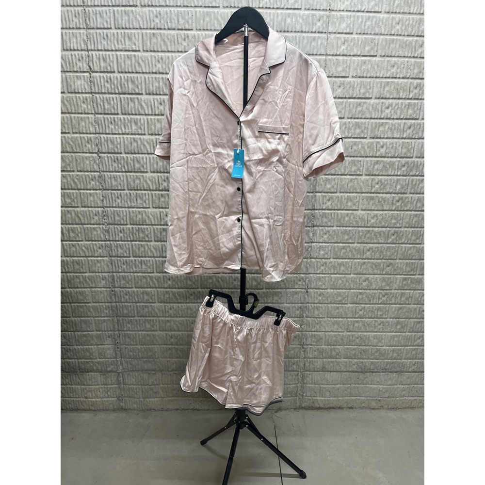 Cupshe Womens Pink Satin Short Sleeve Pajama Set XL CAA10A4B002GG Piping New